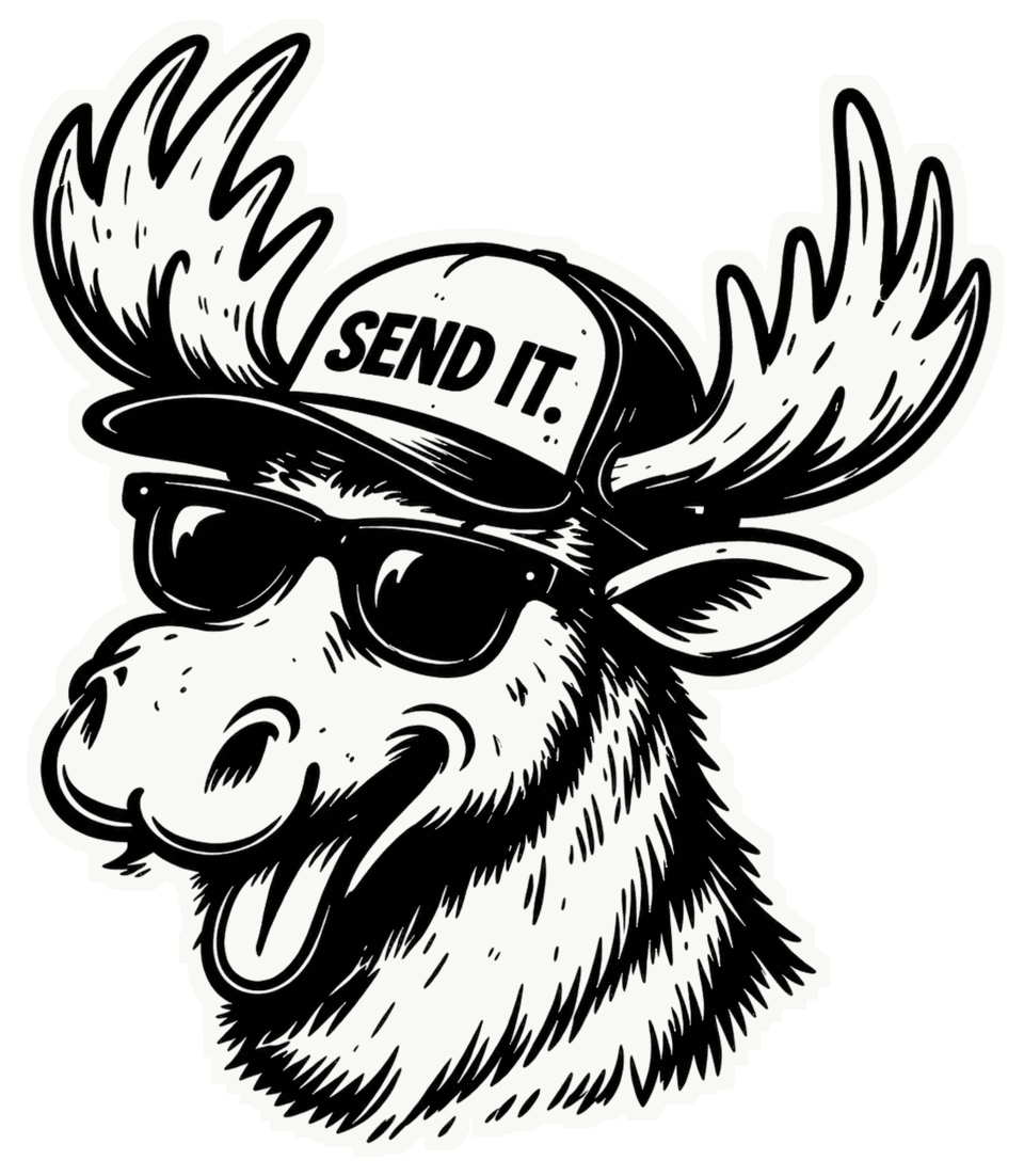 RIPPR moose mascot wearing a Send It cap