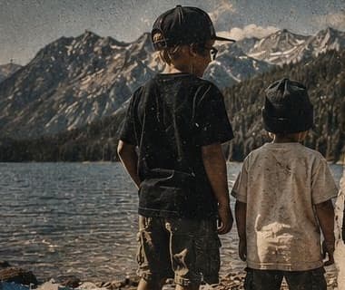 Two kids looking out over a mountain lake